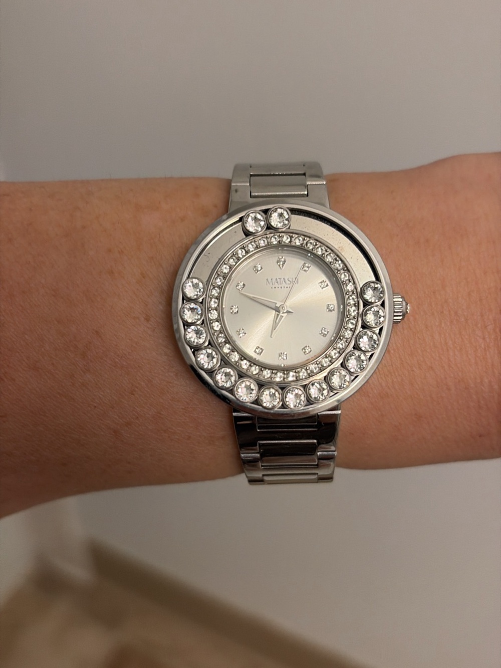 Matashi Women's 18k white gold plated White Face Watch with Swivel Crystals